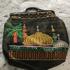 Vintage handbag / beaded cloth with middle eastern skyline images both side